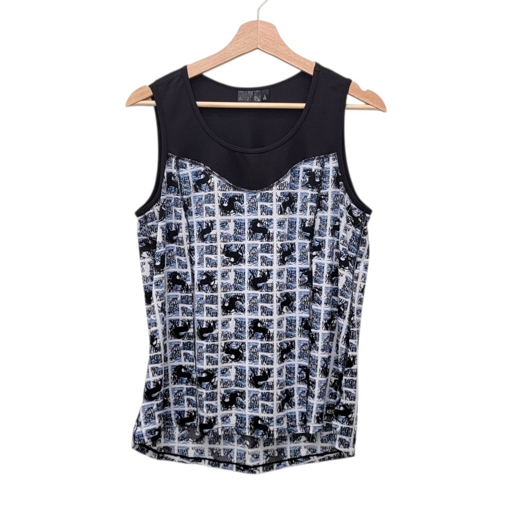 Kerrits Equestrian Riding Tank Top Womens Large‎ Blue Black Horse Print Mesh